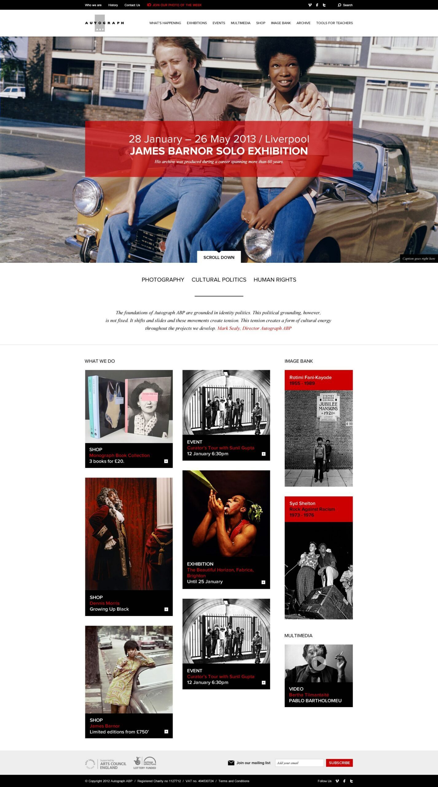 Full-page screenshot of a music and arts website with dark grid layout and performer photos