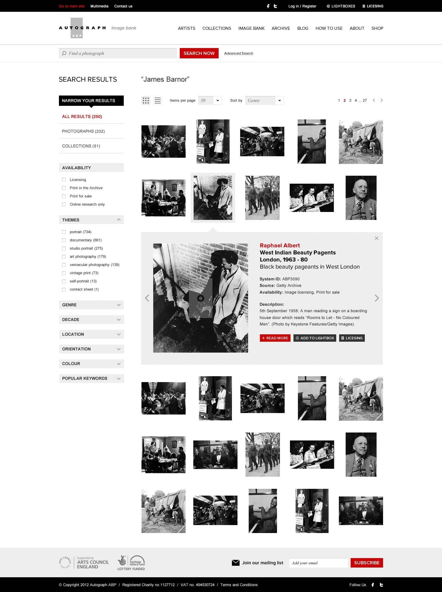 Full-page screenshot of a music archive website with white background and black and white performance photo grid