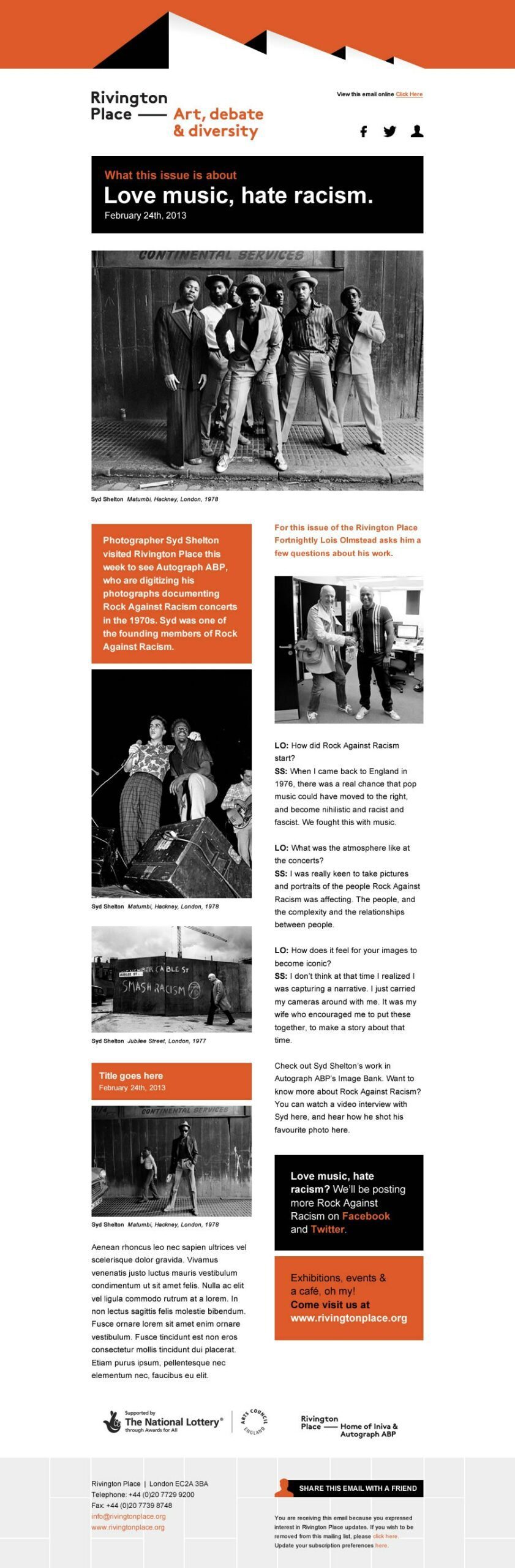Full-page screenshot of a music festival website with orange and black branding and black and white concert photos