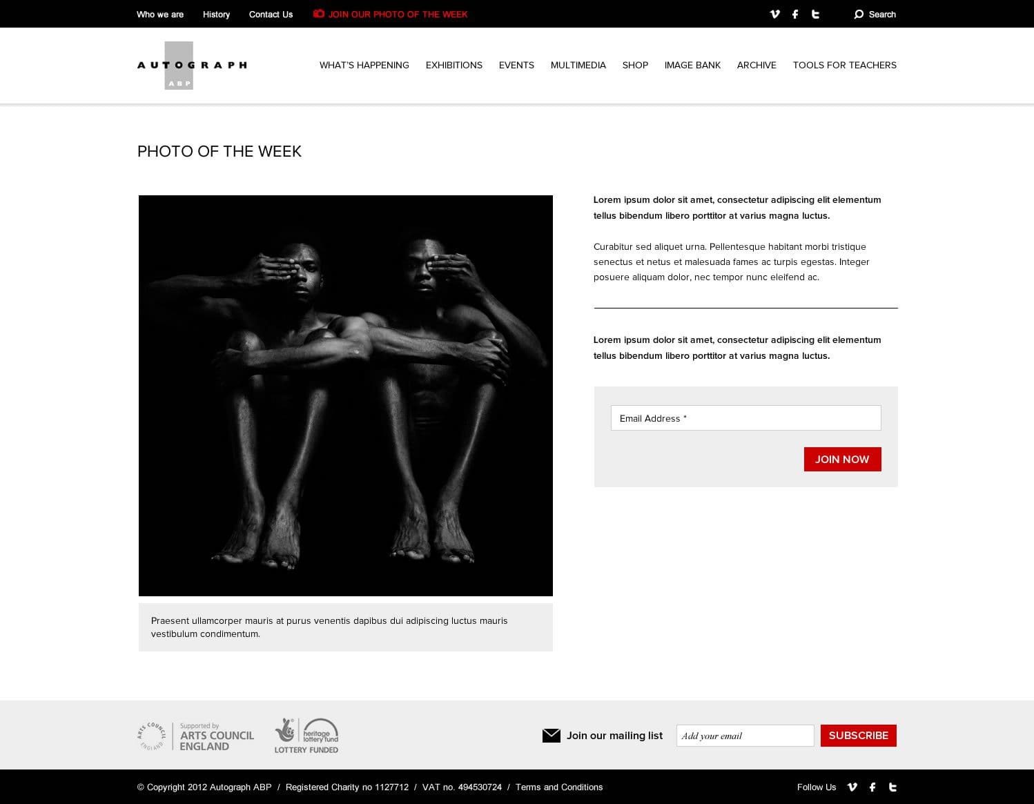 Music website screenshot with dark background and two black and white performer portraits