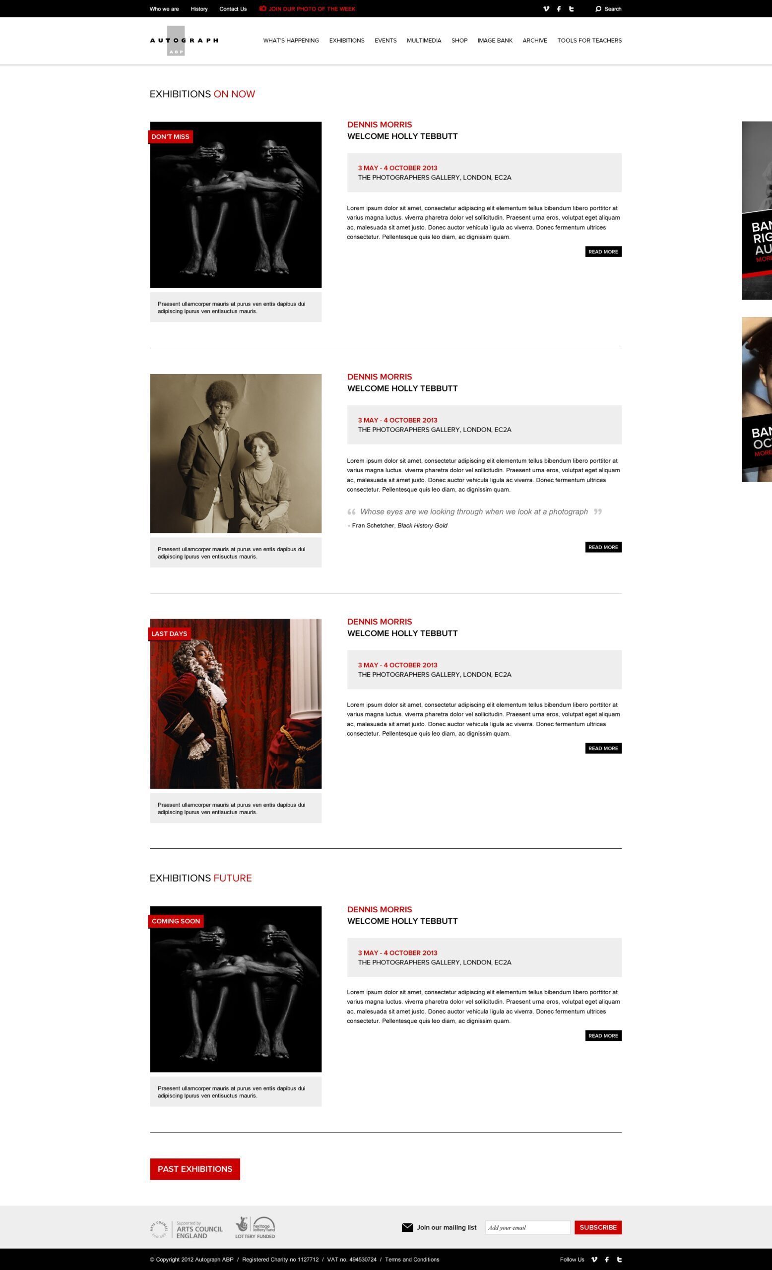 Music website event listing page with black and white performer photos and orange accent colors
