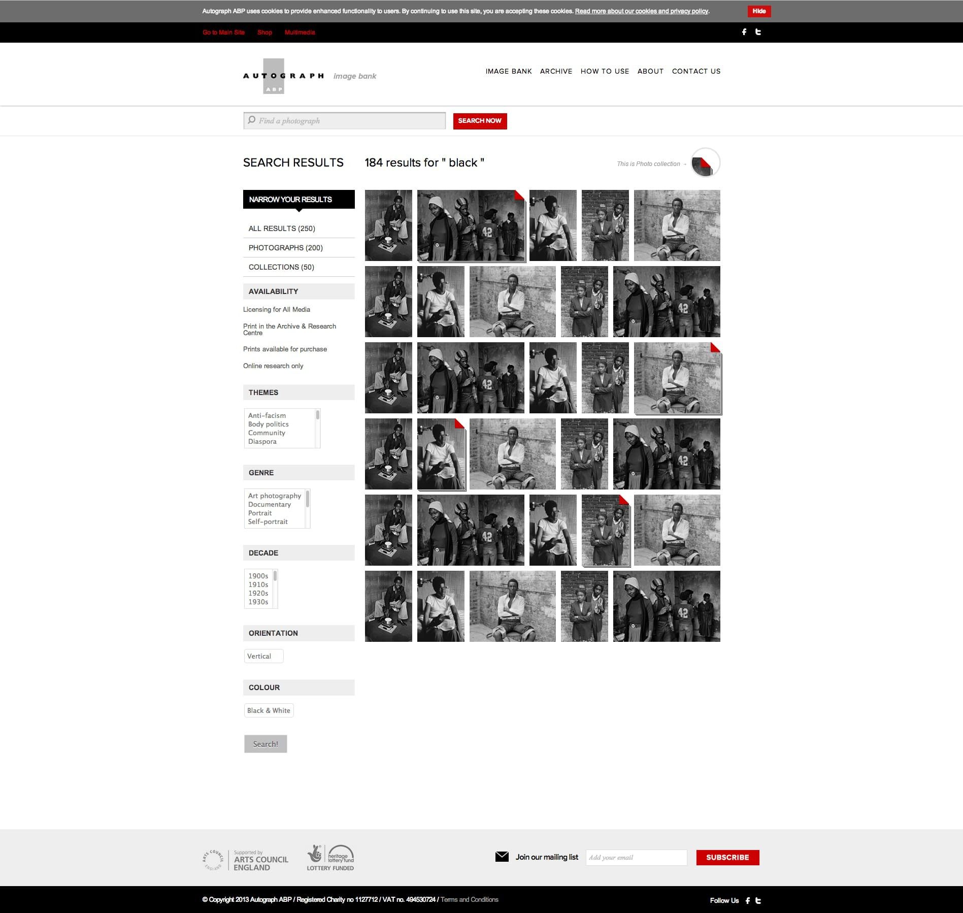 Music website with dark background showing a large grid of black and white concert and performance photos
