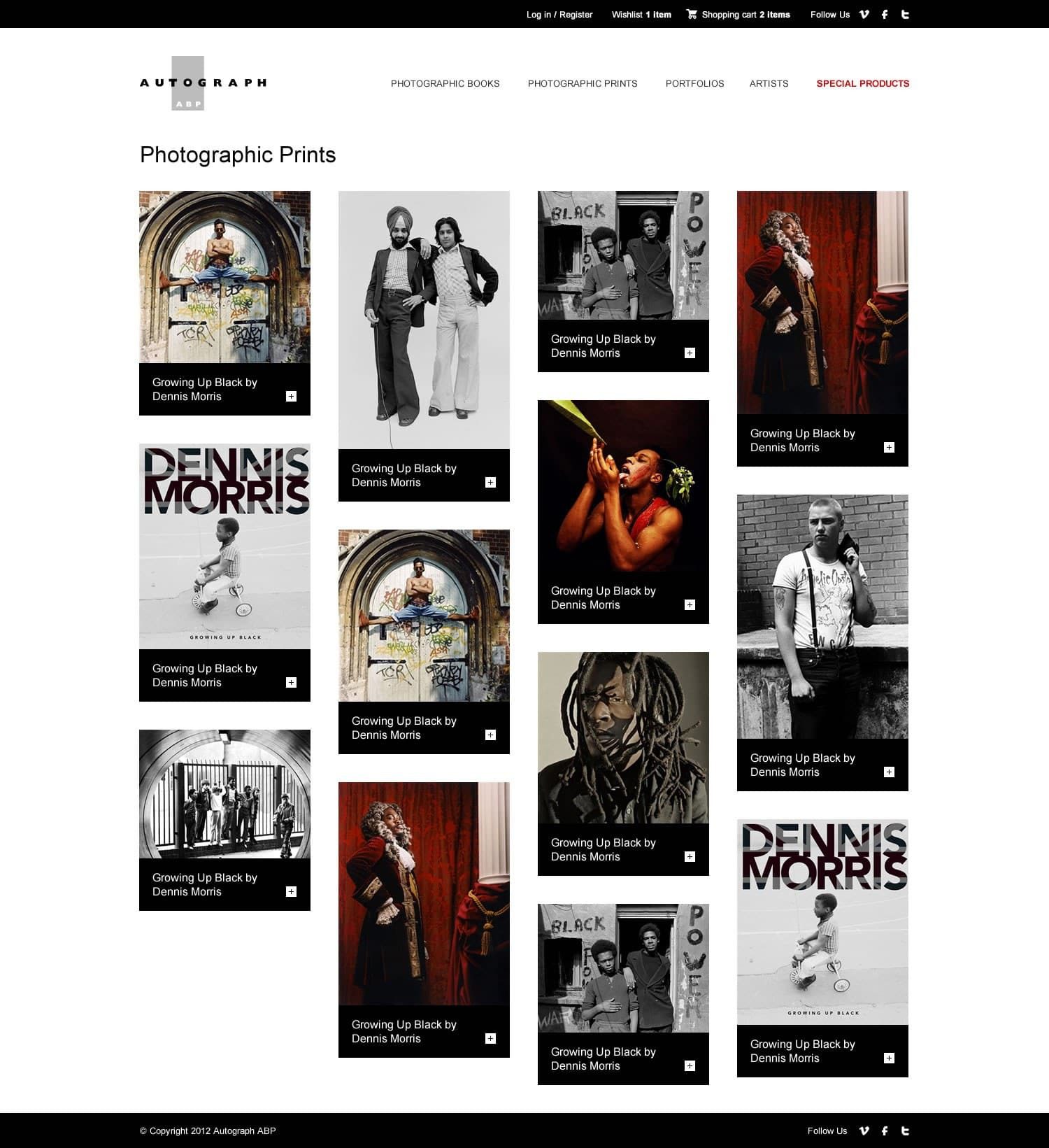 Music website screenshot with white background concert photo grid and red accent details