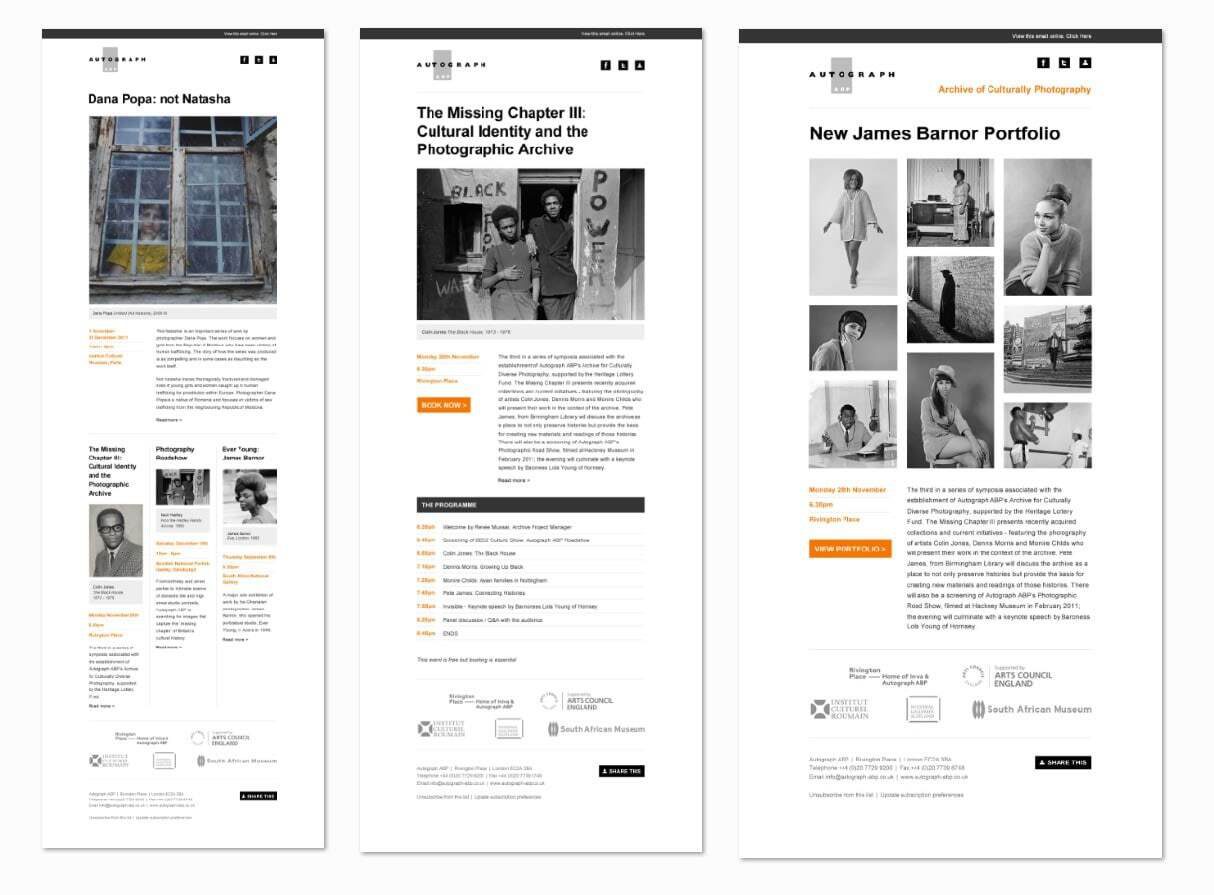 Music website desktop view with white sidebar navigation and black and white performance photo grid