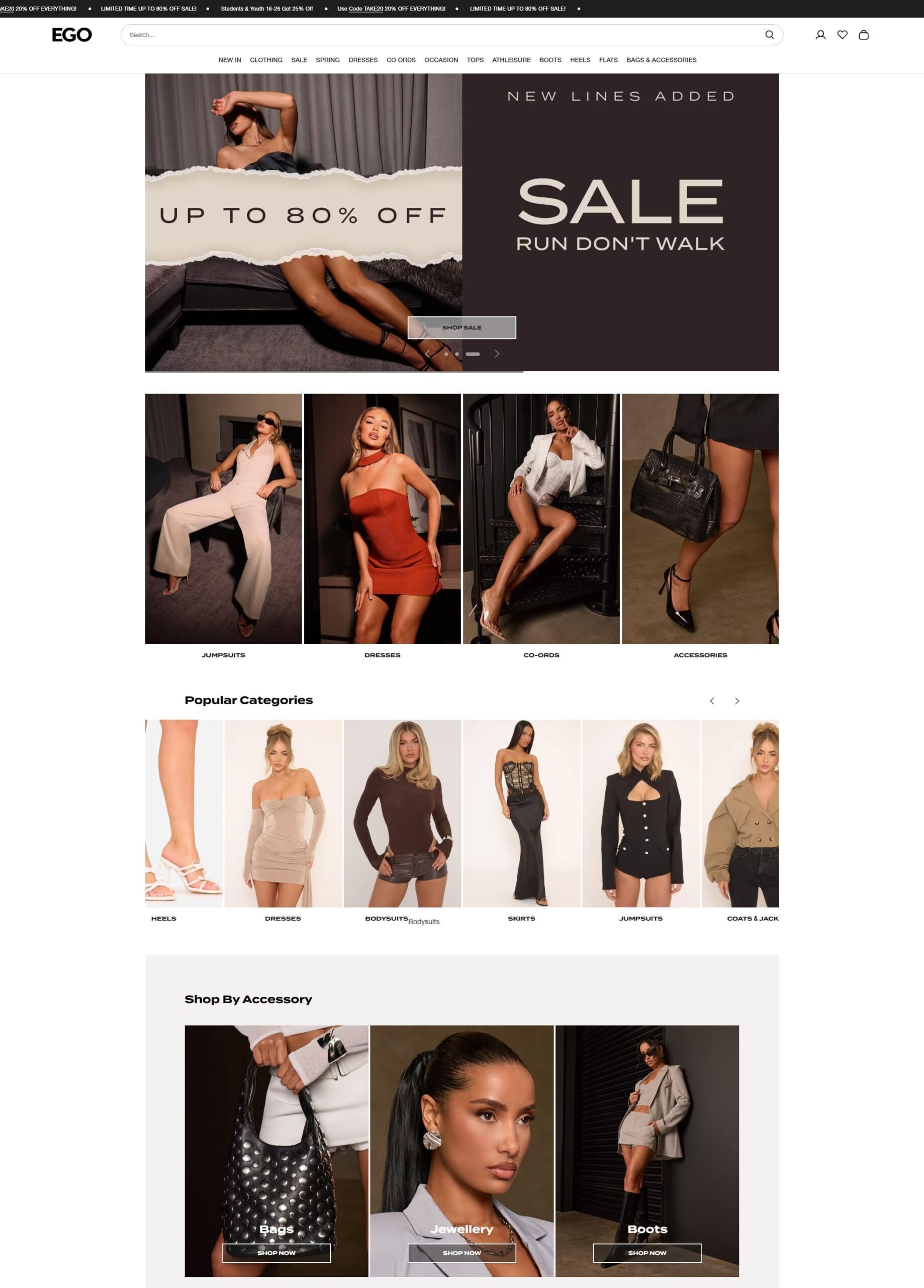 EGO fashion ecommerce website three-section screenshot with a Sale banner dark fashion editorial section and a product catalog row