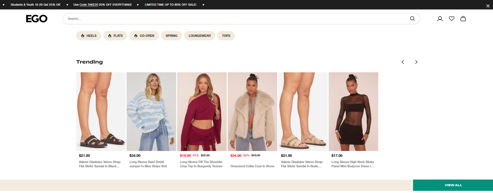 EGO fashion website horizontal strip showing a row of womens clothing product thumbnails