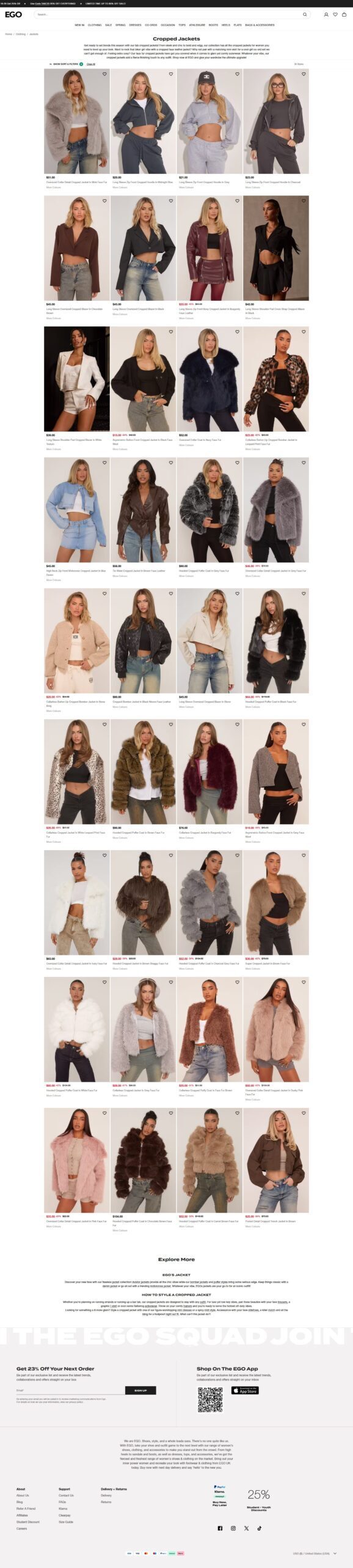 EGO fashion website very tall product catalog showing rows of womens clothing thumbnails in darker earth tones including grey burgundy and denim with a size guide