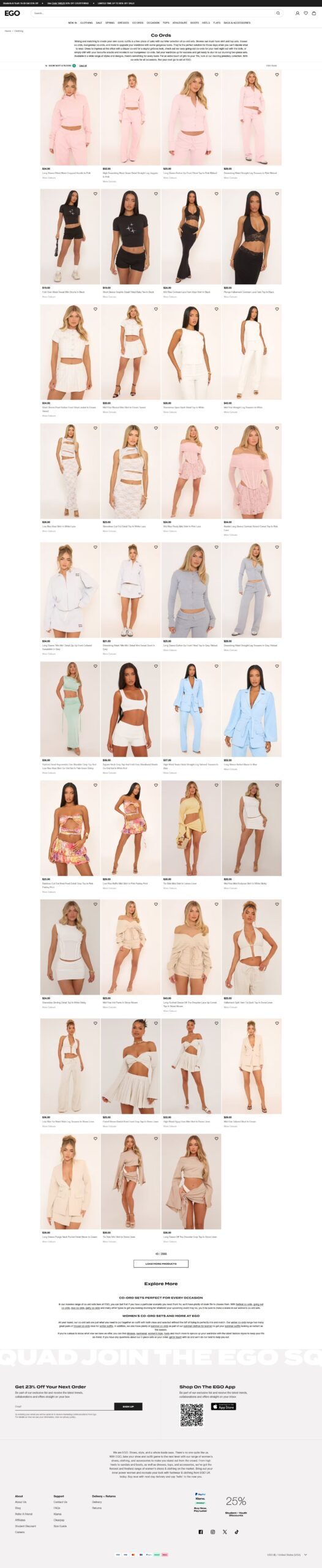 EGO fashion website very tall product catalog showing rows of womens clothing thumbnails in light pink peach blue and white tones with a size guide