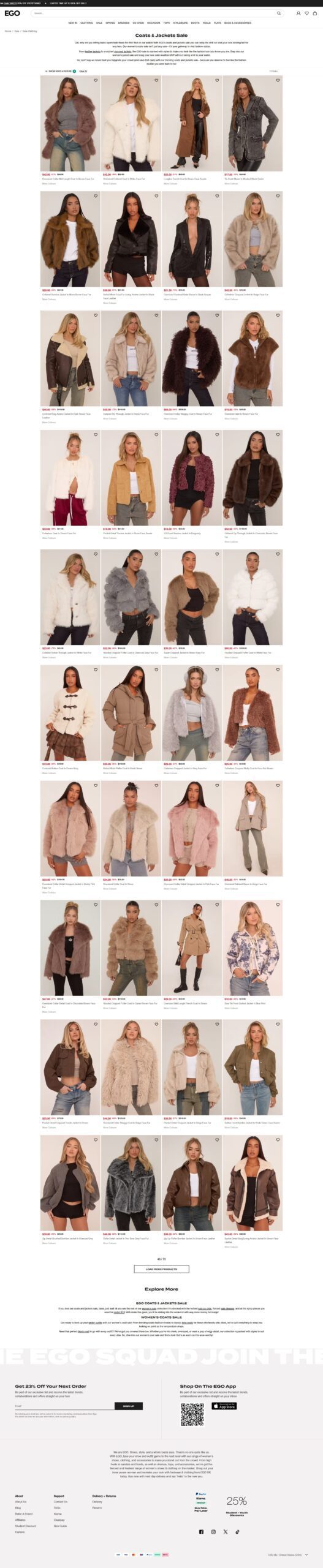 EGO fashion website very tall product catalog showing rows of womens clothing thumbnails in pastel and summer tones with a size guide at the bottom