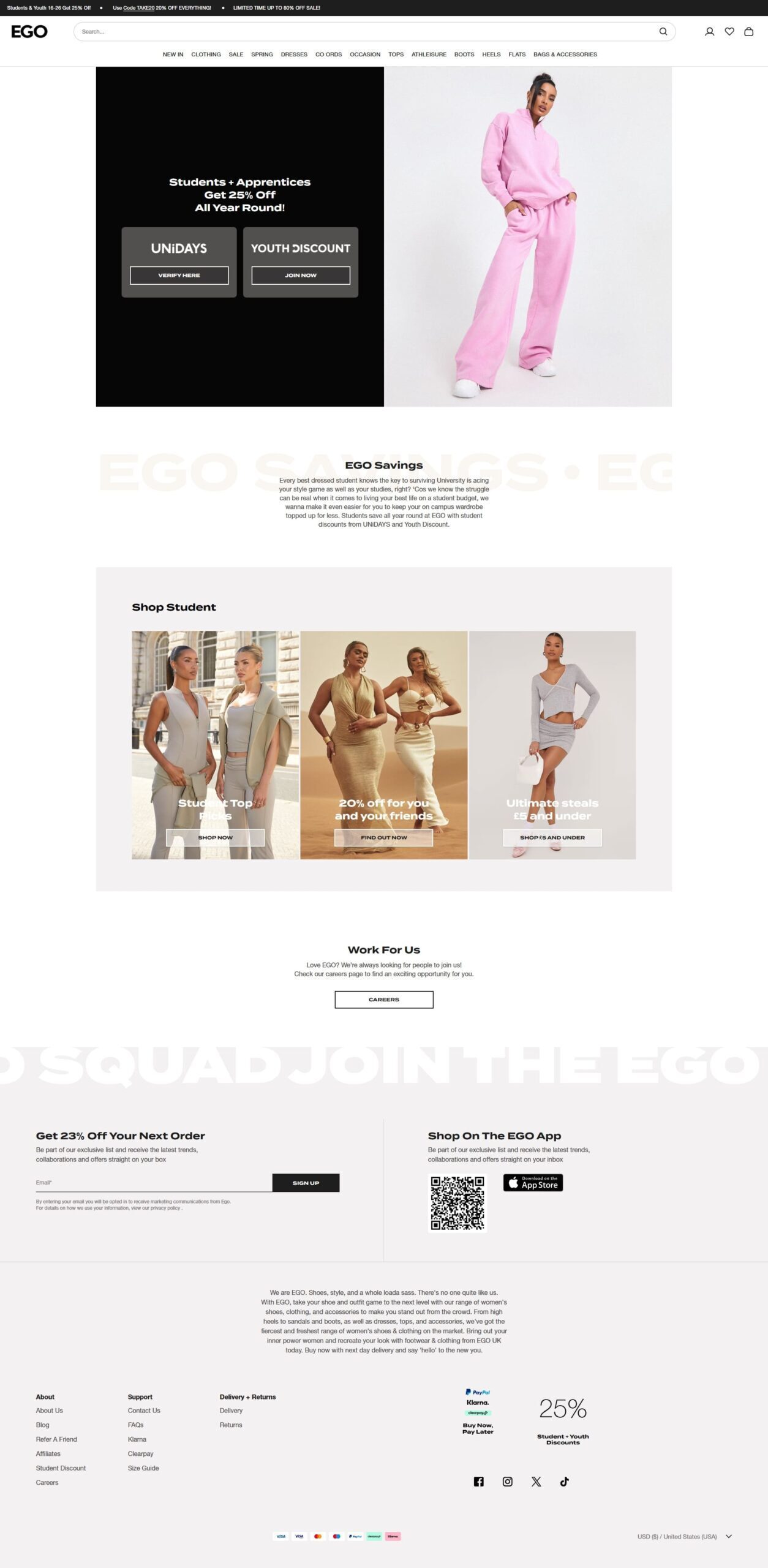 EGO fashion ecommerce website three-section screenshot with dark hero woman in pink outfit warm beige product grid and white product detail page