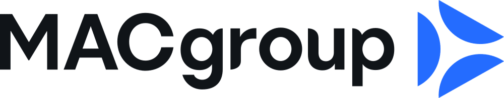 MACgroup wordmark logo with a blue wing or arrow symbol in black and blue on white background
