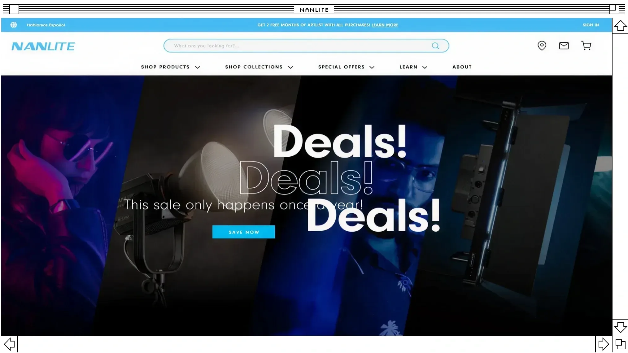 Nanlite website homepage screenshot featuring a Deals promotional section with dark background