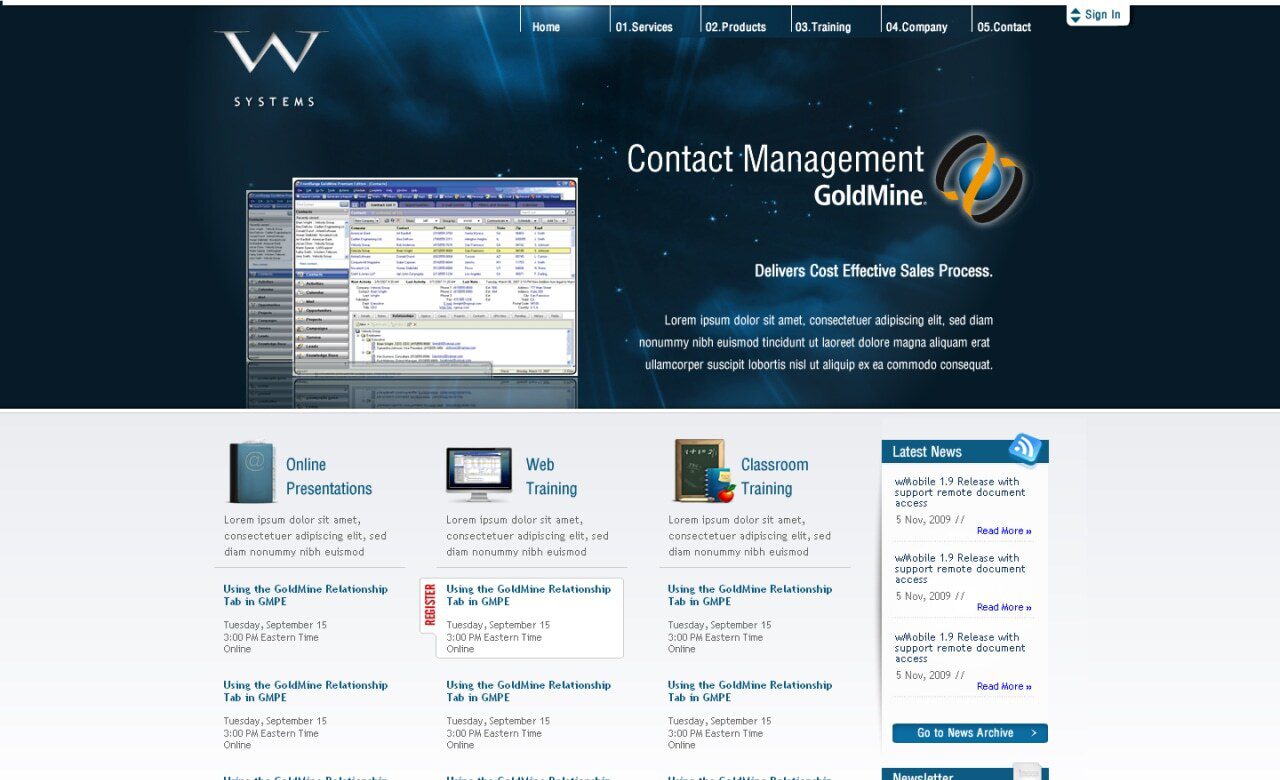 Before screenshot of the WSYSTEMS website showing an older dark-themed design