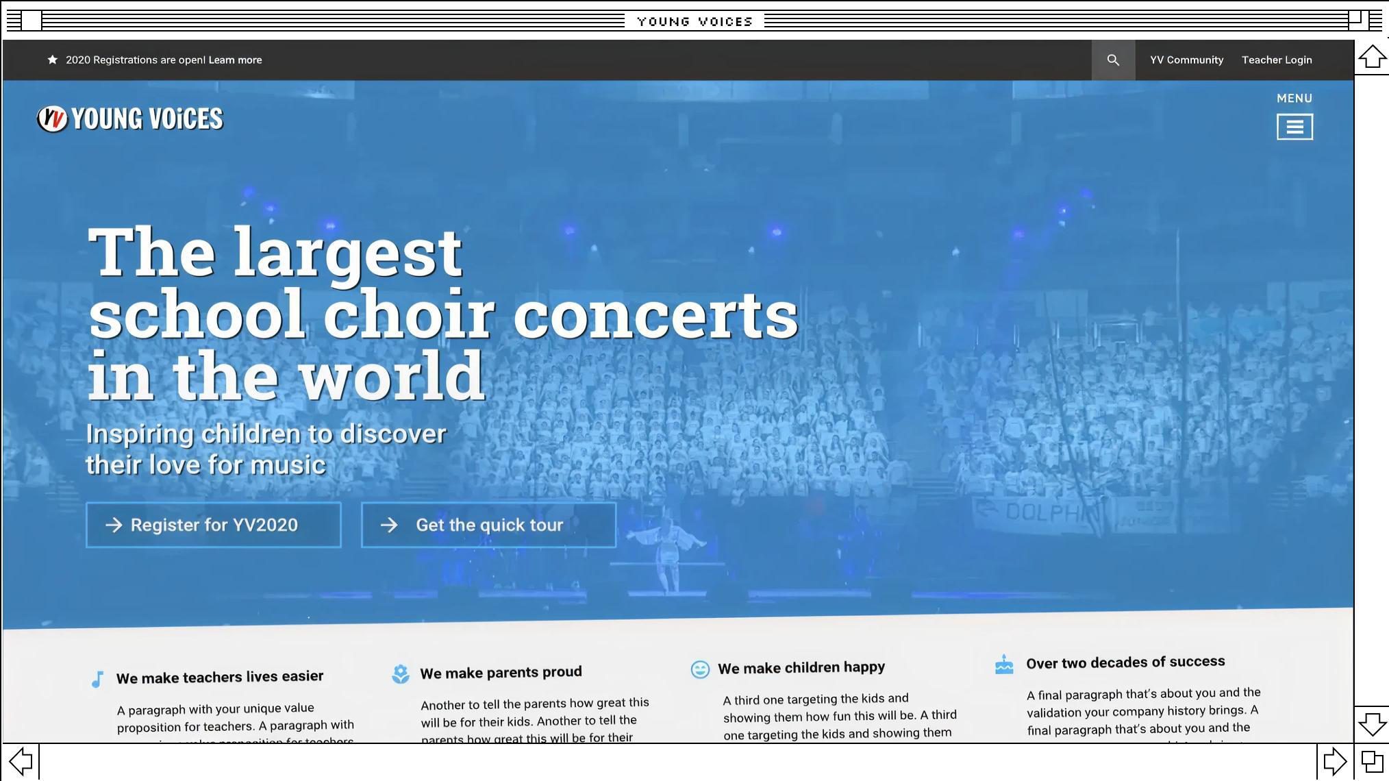 Young Voices case study cover image showing the website with The largest school choir concerts in the world headline on a blue background