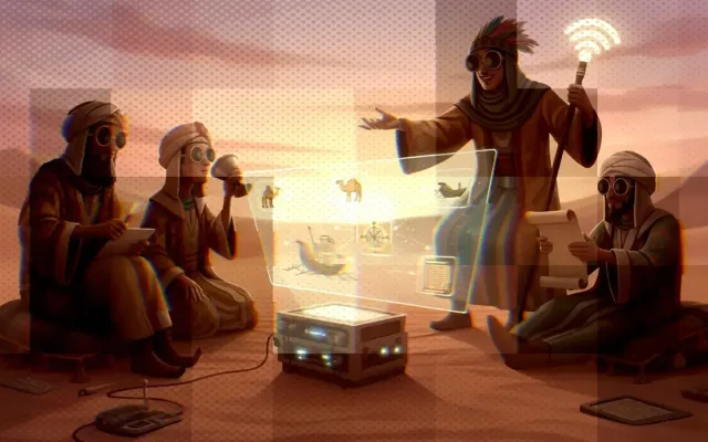 Dark illustration of people gathered around a glowing campfire in a sci-fi setting