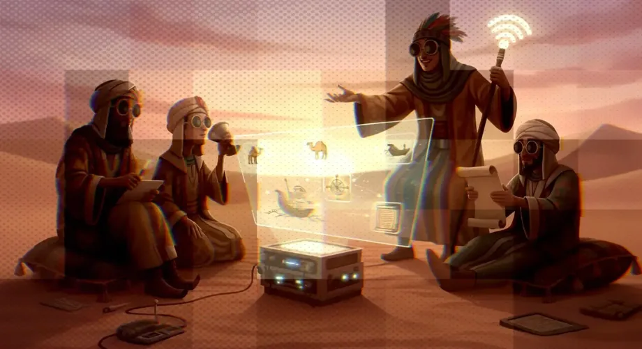 Dark illustration of people gathered around a glowing campfire in a sci-fi setting