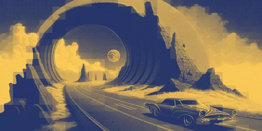 Illustrated desert landscape scene with warm sandy tones