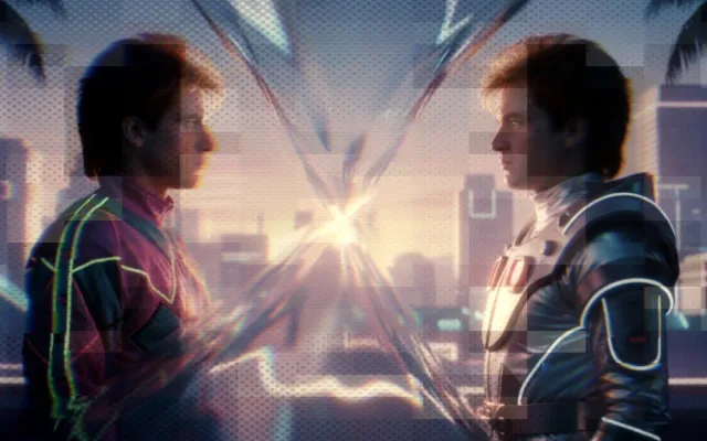 Warm blue teal cinematic scene with figures and dramatic backlighting