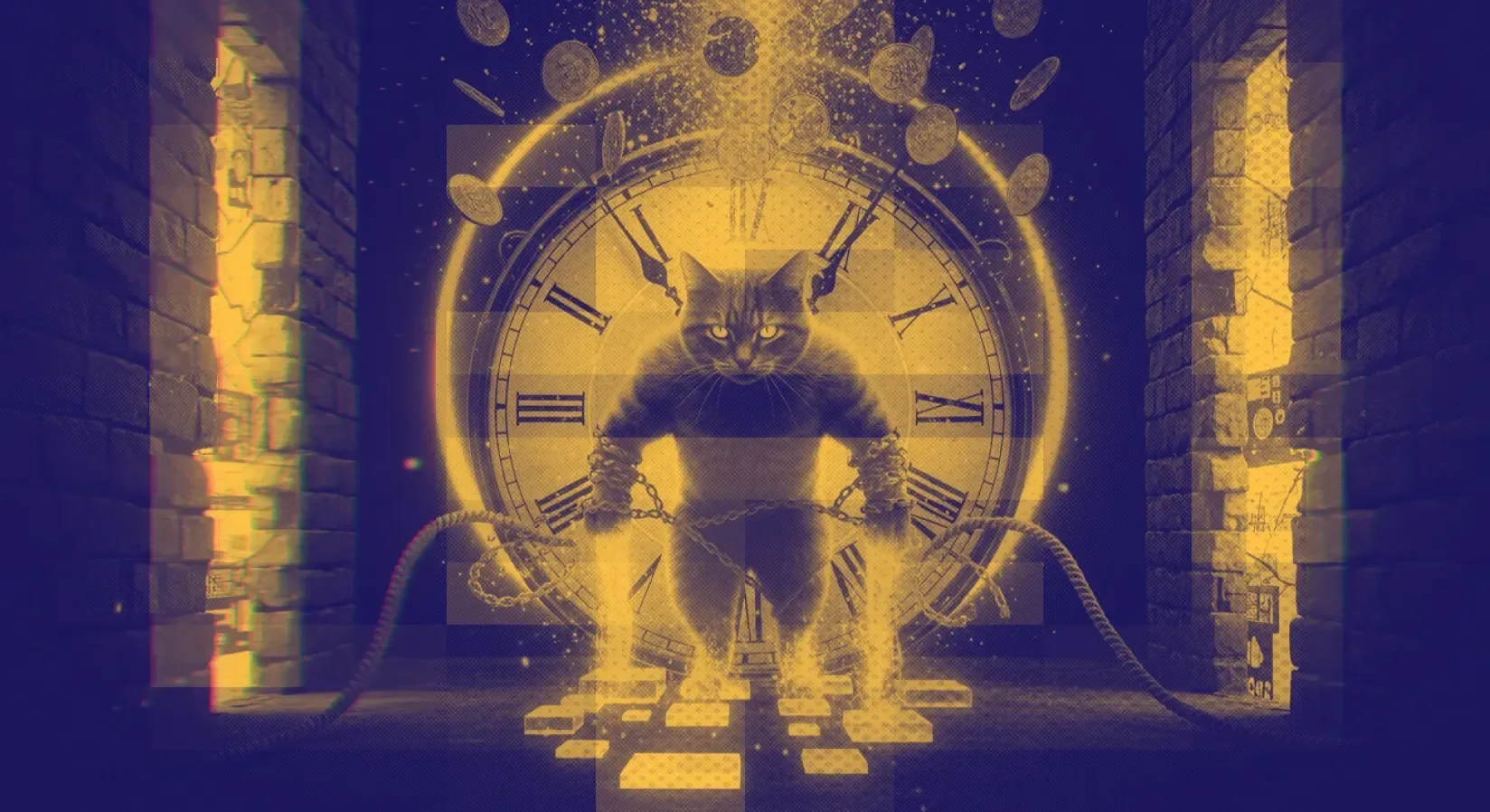 Gold and yellow illustration of an armored robot figure in a dramatic scene