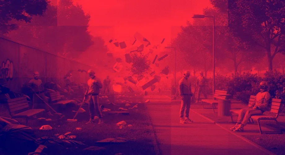 Dark red dramatic sci-fi scene with figures in a landscape, used as a blog article header