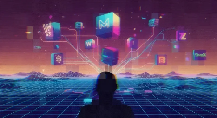 Purple blue futuristic cityscape with floating platforms, used as a blog article header