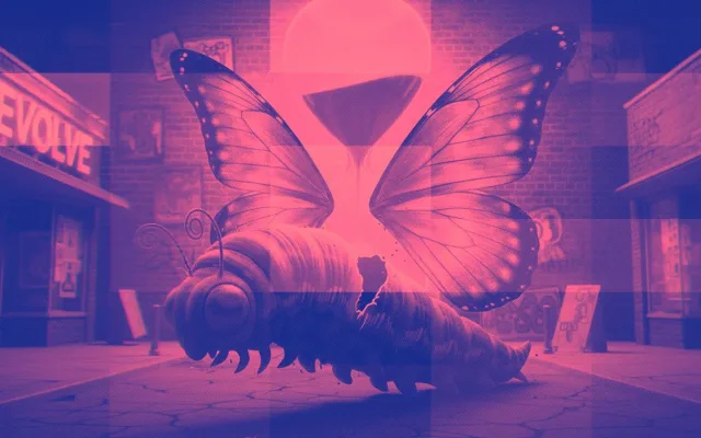 Dark pink and neon illustration with a butterfly and glowing effects