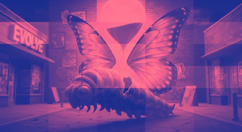 Dark pink and neon illustration with a butterfly and glowing effects