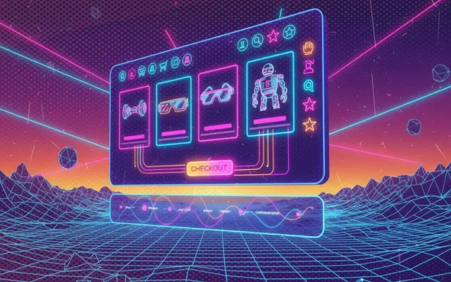 Purple neon illustration with holographic UI elements and a figure