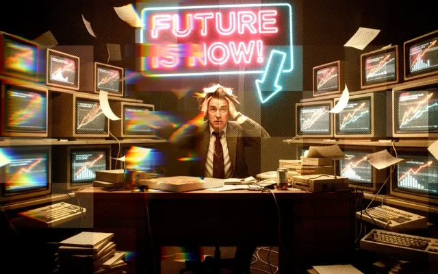 Dark illustration with FUTURE IS NOW text and a figure on a stage