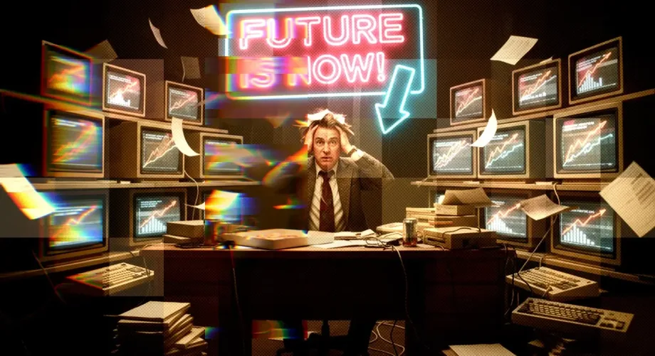 Dark illustration with FUTURE IS NOW text and a figure on a stage