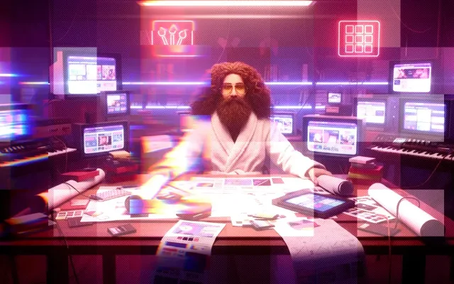 Purple neon illustration of a person surrounded by glowing screens