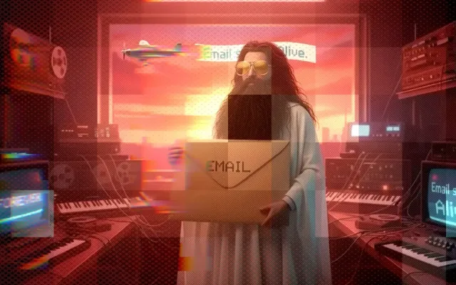 Pink neon illustration of a glowing figure in a dramatic scene