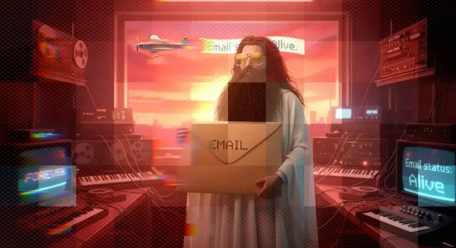 Pink neon illustration of a glowing figure in a dramatic scene