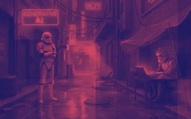 Purple dark scene with a humanoid robot figure, used as a blog article header image
