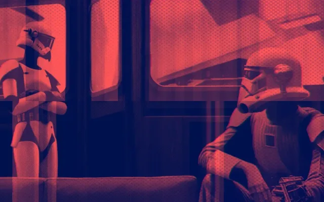 Red and orange futuristic scene with robot figures