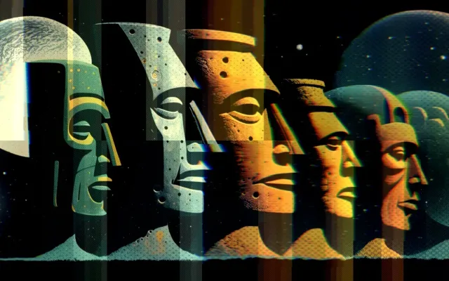 Teal green illustration showing a row of sculptural faces
