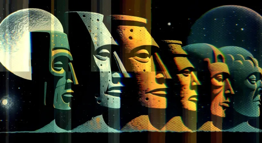 Teal green illustration showing a row of sculptural faces