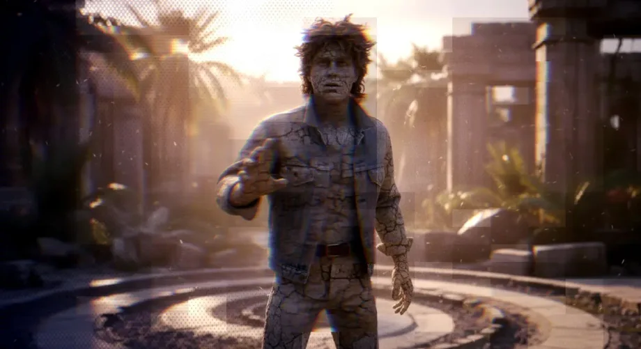 Warm cinematic scene with a running figure in a sunlit urban setting