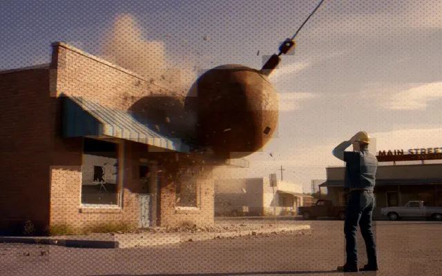 Warm sepia illustration of a giant monster looming over small figures