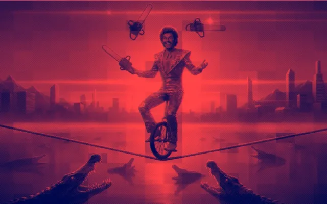 Dark red and orange scene with a dancing robot figure in a dramatic pose