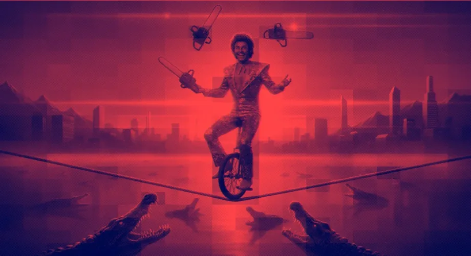 Dark red and orange scene with a dancing robot figure in a dramatic pose