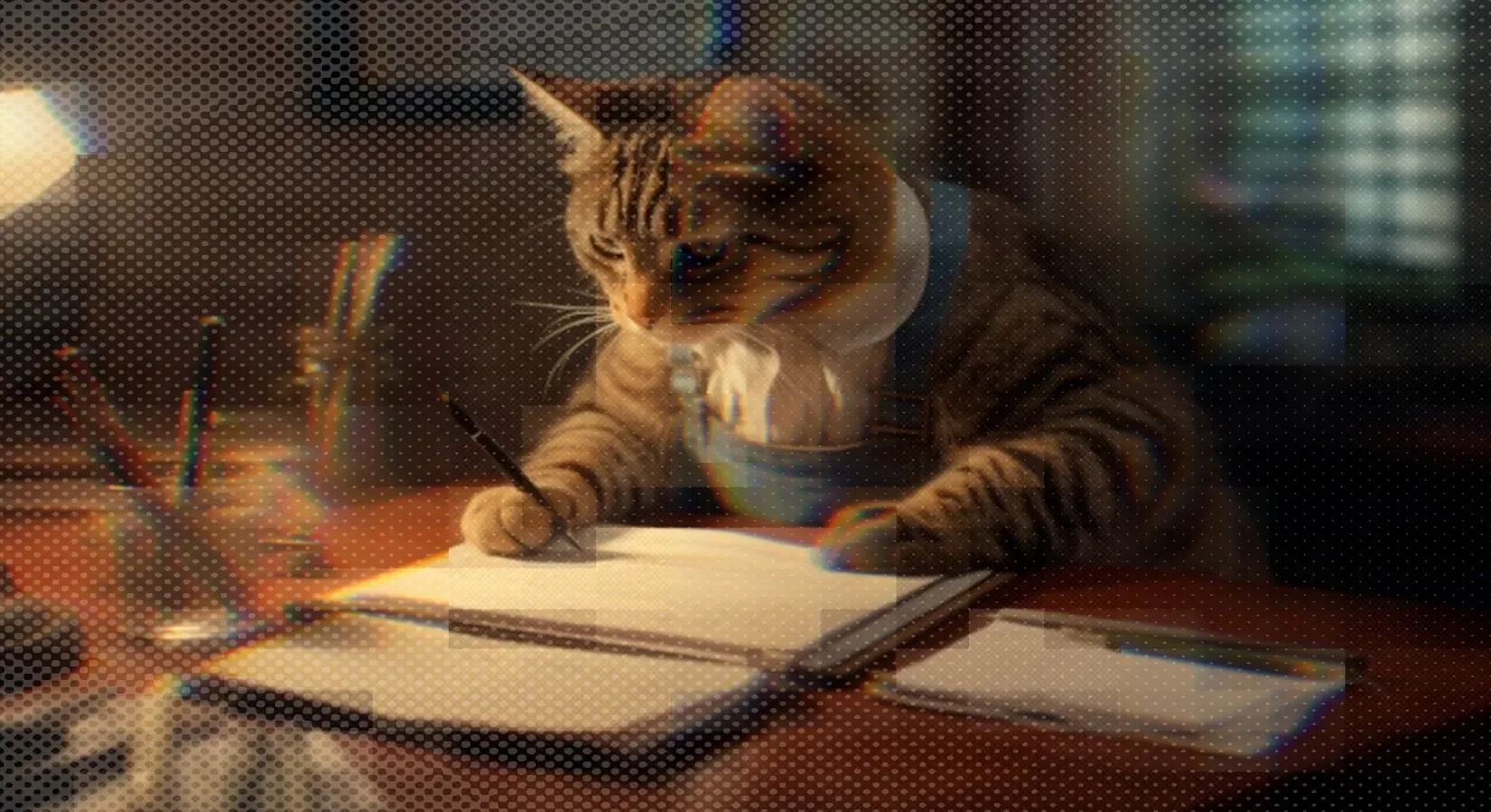 Warm golden illustration of a cat reading a book at a desk