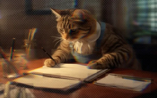 Warm golden illustration of a cat reading a book at a desk