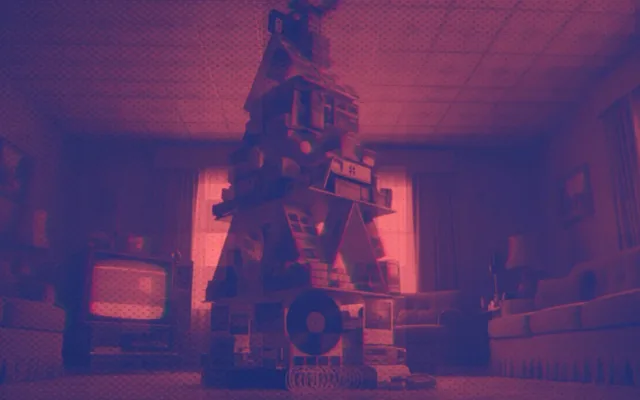 Dark warm scene with a robotic figure working at a cluttered desk