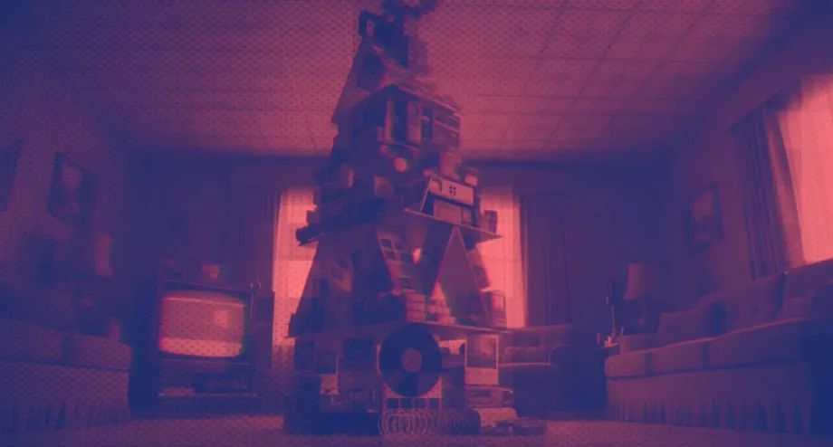 Dark warm scene with a robotic figure working at a cluttered desk