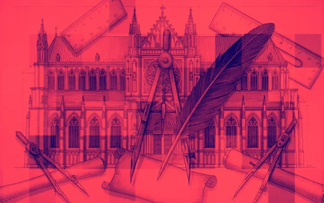 Vivid red illustration of a gothic cathedral architecture