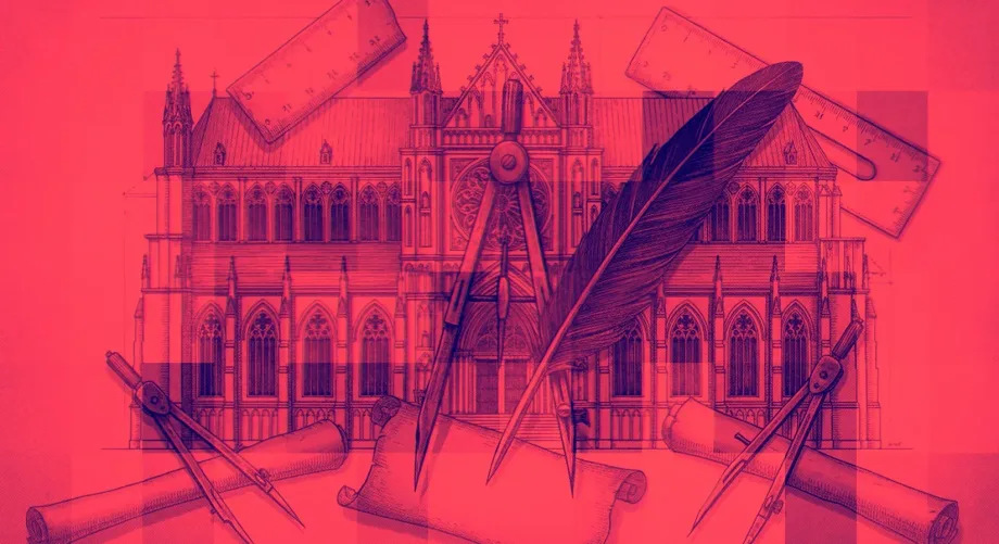 Vivid red illustration of a gothic cathedral architecture