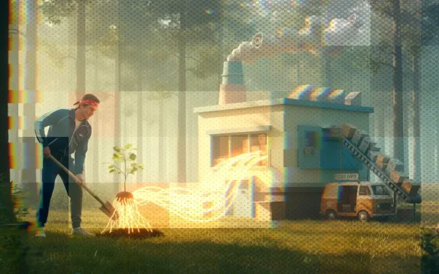 Warm golden green scene with a figure in a fantastical landscape