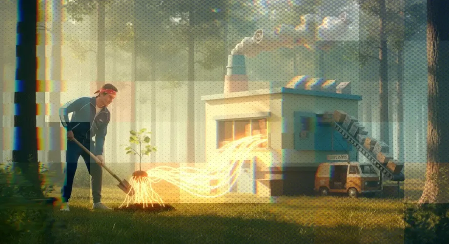 Warm golden green scene with a figure in a fantastical landscape