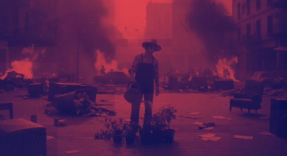 Dark red moody scene with a lone figure standing on a wet street at night